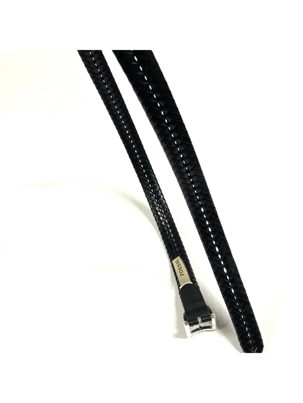 Fossil Braided Belt Mens 44 Black 100% Leather Silver Buckle Worn Adjustable